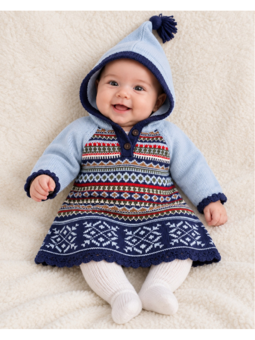 Hanna Andersson Baby Fair Isle Knit Hooded Sweater Dress EU 50, US 3 month